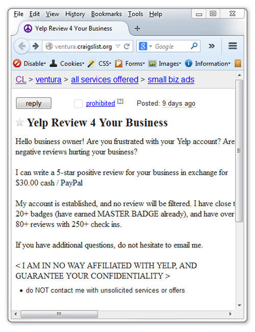 Yelp reviews for sale on craigslist.org
